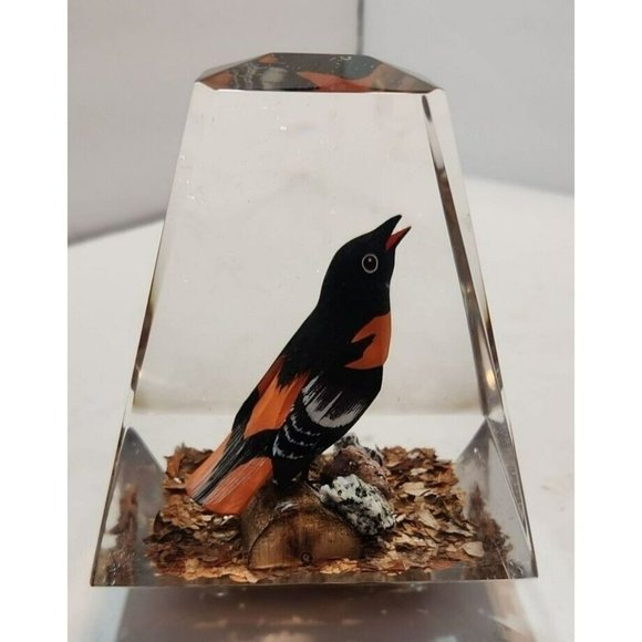 Acrylic Paperweight With Orange and Black Bird On A Branch Inside 4.25" by 5" - Picture 4 of 8